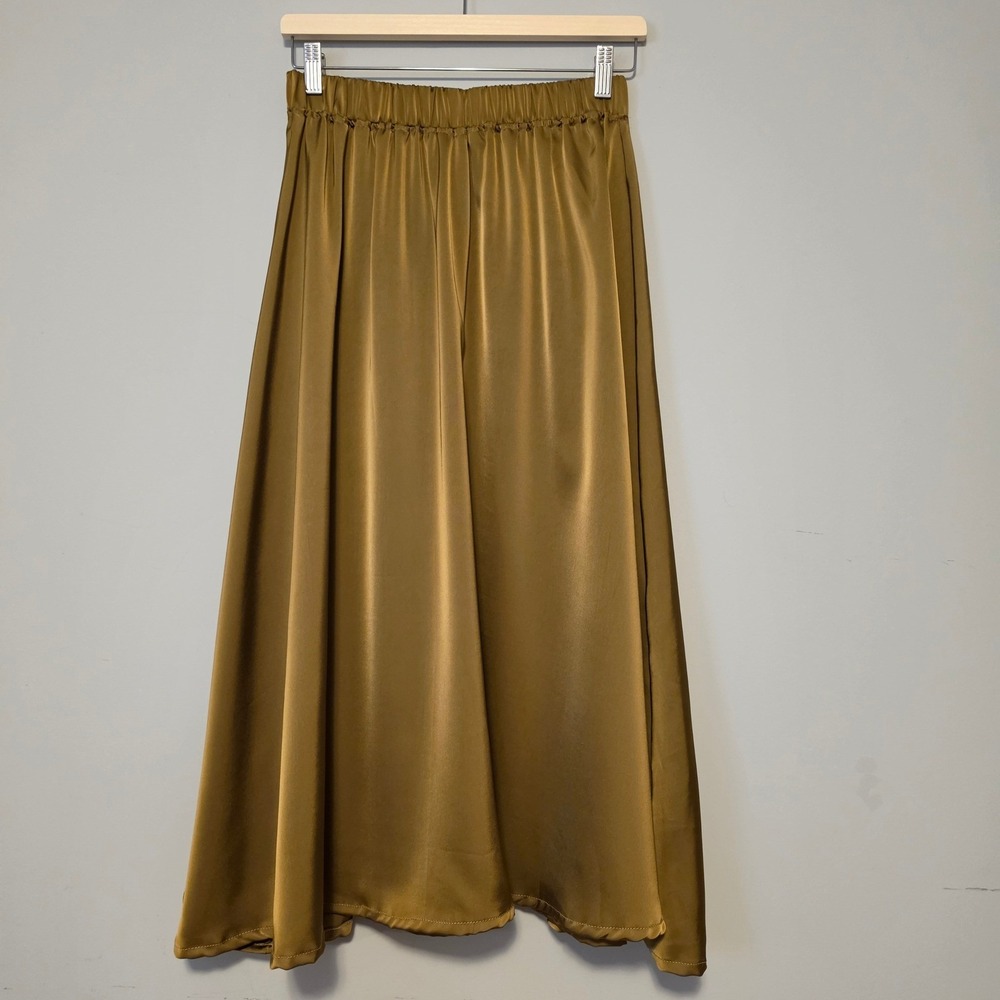 Bronze Gold Satin Flared Midi Skirt Elastic Waist Size Small